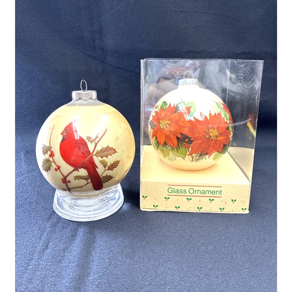 Vintage 80s American Greetings Christmas Glass Ornaments (2) Cardinal Poinsettia